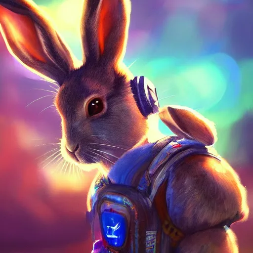 Image similar to A rabbit playing video games, uplifting , wearing a headset, fantasy, digital painting, trending on ArtStation, HDR shot