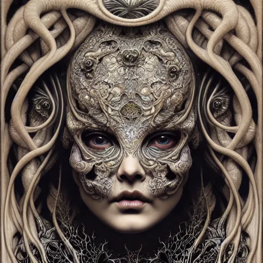 Image similar to detailed realistic beautiful porcelain calaveras face portrait by jean delville, gustave dore, iris van herpen and marco mazzoni, art forms of nature by ernst haeckel, art nouveau, symbolist, visionary, gothic, neo - gothic, pre - raphaelite, fractal lace, intricate alien botanical biodiversity, surreality, hyperdetailed ultrasharp octane render