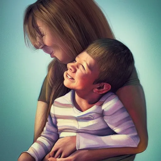 Image similar to illustration beautiful cinematic hyperrealism style where a mother appears with her happy son