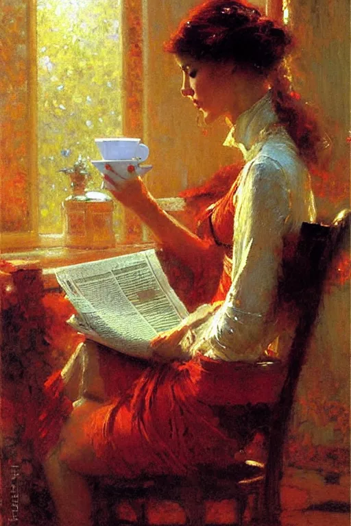 Image similar to attractive woman drinking coffee and reading newspaper, painting by gaston bussiere, craig mullins