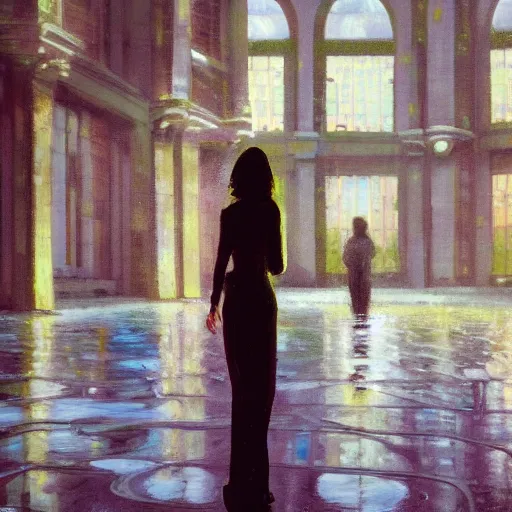 Image similar to beautiful woman, courtyard, capital, cybermosque interior, control panel, watcher, omniscient, tech noir, wet reflections, impressionism, matte painting, speed painting, chiaroscuro, oil on canvas