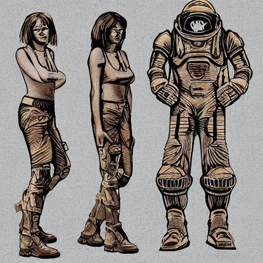 Image similar to smooth detailed vector cutout of retrofuture tattooed stoic heroic emotionless dirty butch blonde woman engineer with very short messy dirty hair, martian dust storm, walking with tall bronze - skinned black - haired hyper - muscular warrior woman, on mars, in dust storm, rough paper, sci fi, behance hd
