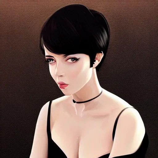 Image similar to slim girl in tuxedo with short black hair, elegant, 2d, ultra highly detailed, digital painting, smooth, sharp focus, artstation, art by Ilya Kuvshinov