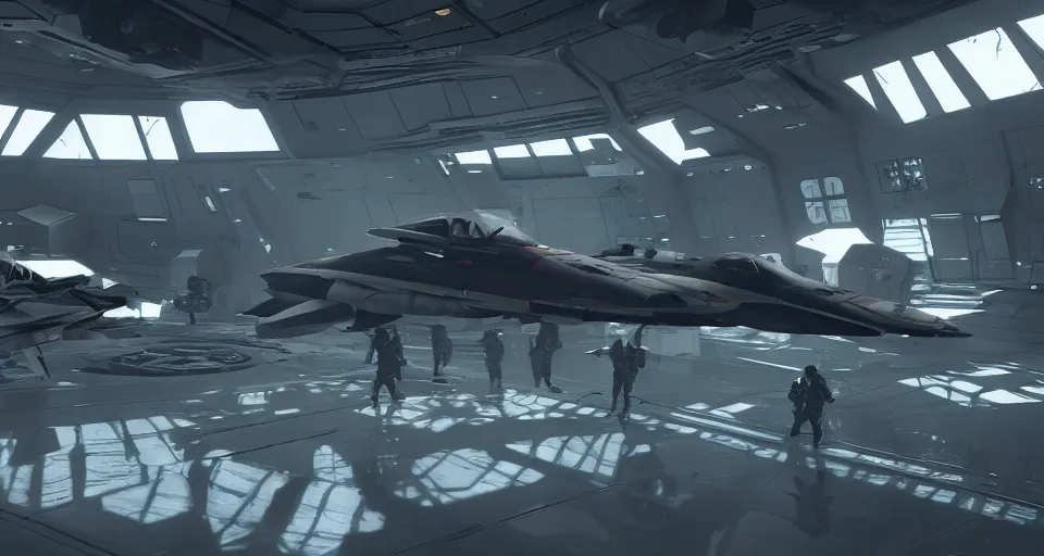 Image similar to inside the hangar of a starship, pilots run towards a fighter craft, in the style of coriolis rpg, realistic, dark sci - fi, by rutkowski, 8 k, octance render, artstation