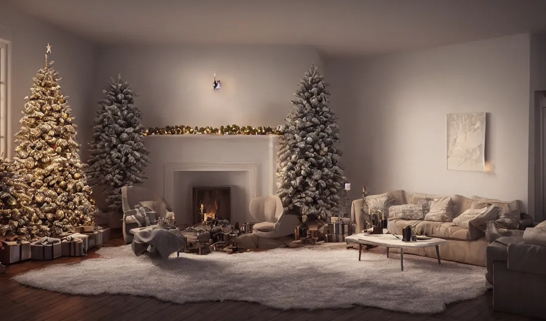 Image similar to a christmas eve in a beautiful home, photorealistic landscape painting on the wall, ascher clemens, home, interior, octane render, deviantart, greg rutkowski, cinematic, key art, hyperrealism, canon eos c 3 0 0, ƒ 1. 8, 3 5 mm, 8 k, medium - format print