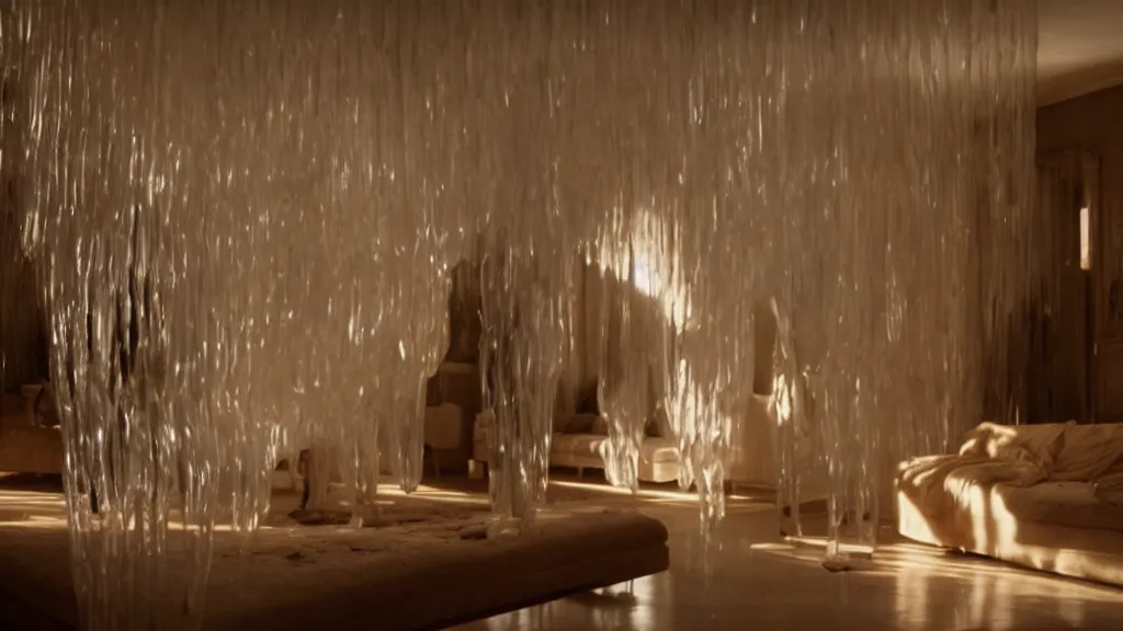 Image similar to a giant hand made of wax and water floats through the living room, film still from the movie directed by Denis Villeneuve with art direction by Salvador Dalí, wide lens