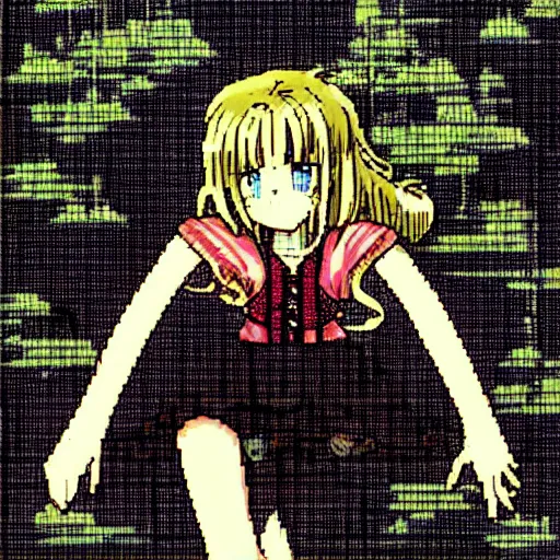 Prompt: Art from a PC98 visual novel. Dithered Art, Anime.