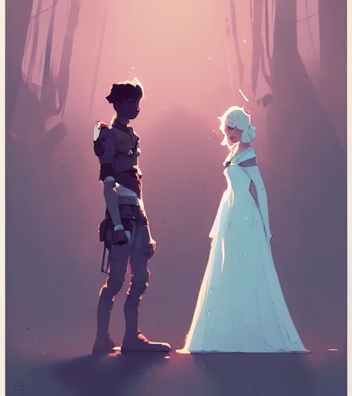 Image similar to a princess and a prince standing face to face by atey ghailan, by greg rutkowski, by greg tocchini, by james gilleard, by joe fenton, by kaethe butcher, dynamic lighting, gradient light blue, brown, blonde cream and white color scheme, grunge aesthetic