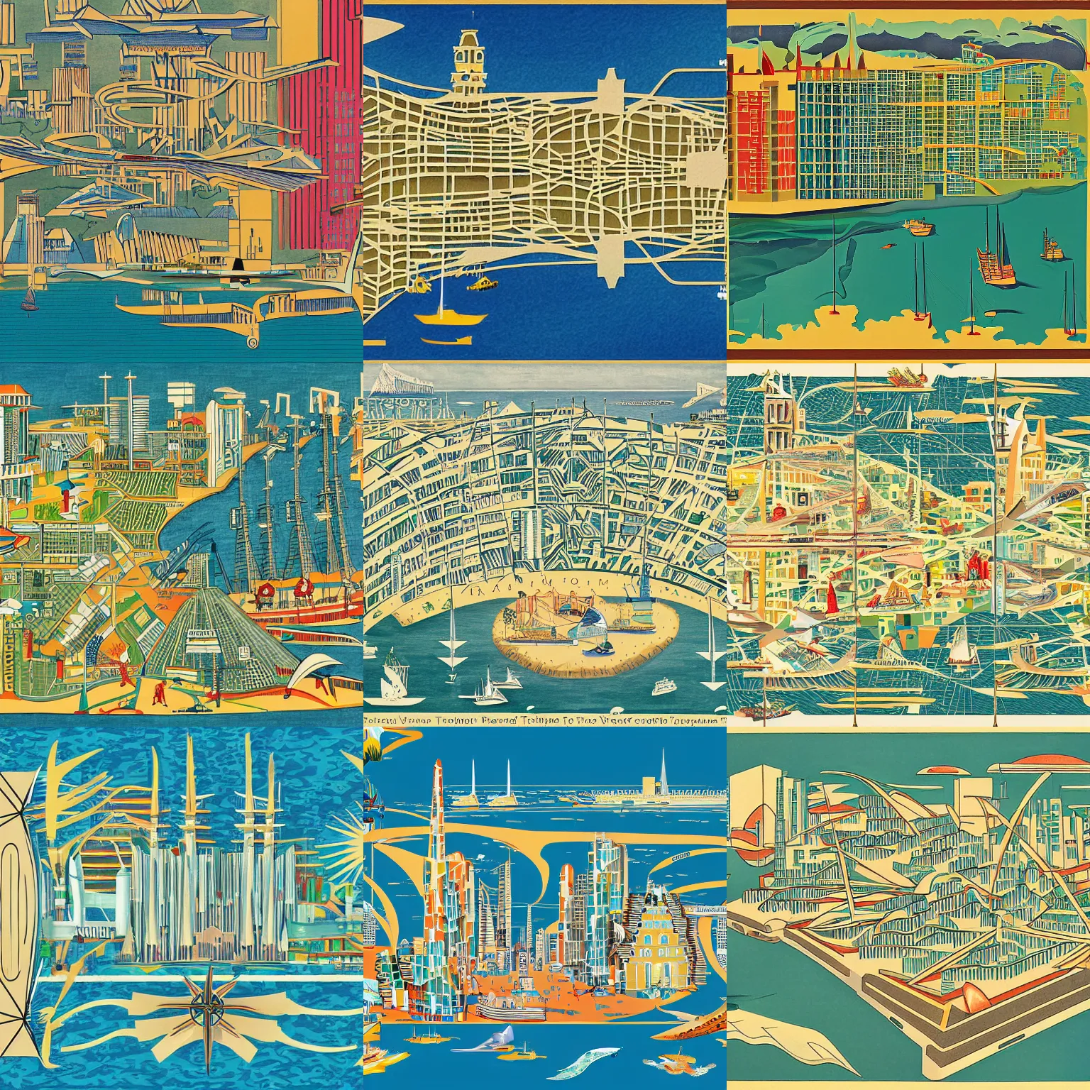 Prompt: a map of a technologically advanced city in a tropical island surrounded by water with a few ships stationed around it. architectural illustration, vienna secession, expressionism, full color