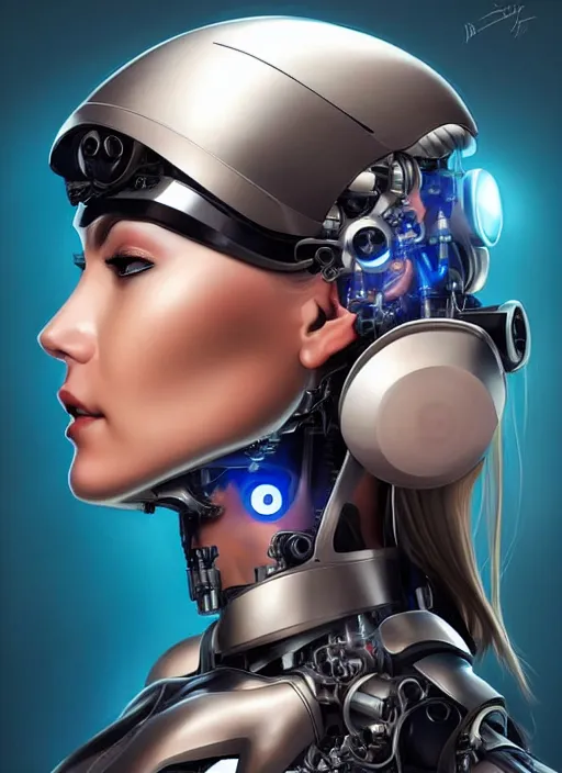 Image similar to portrait of a cyborg woman who turns her head to the ((((((right))))) left+80 (((((up))))) (((((down))))) by Artgerm,eyes closed , biomechanical, hyper detailled, trending on artstation