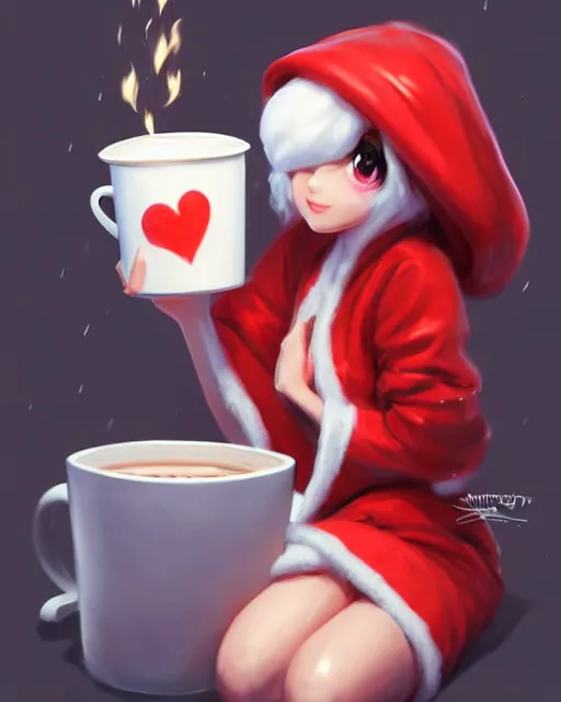 Prompt: concept art of a marshmellow creature girl, holding a cup of hot cocoa, wearing a red robe sitting on a love seat infront of a fire place | | cute - fine - fine details by stanley artgerm lau, wlop, rossdraws, and sakimichan, trending on artstation, brush strokes