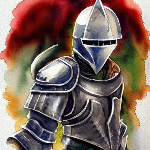 Image similar to watercolor, final fantasy tactics character design, knight in plate armor, knight wearing helmet, character portrait, heroic, many belts