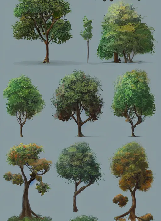 Image similar to a set of different trees and bushes, concept art by senior environment artist, polycount, environmental art, concept art, 2 d game art