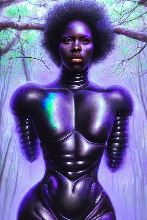 Image similar to hyperrealistic post - raphaelite super expressive! black woman with exoskeleton armor, merging with tree in a forest, highly detailed digital art masterpiece smooth cam de leon eric zener dramatic pearlescent blue purple light ground angle hd 8 k sharp focus