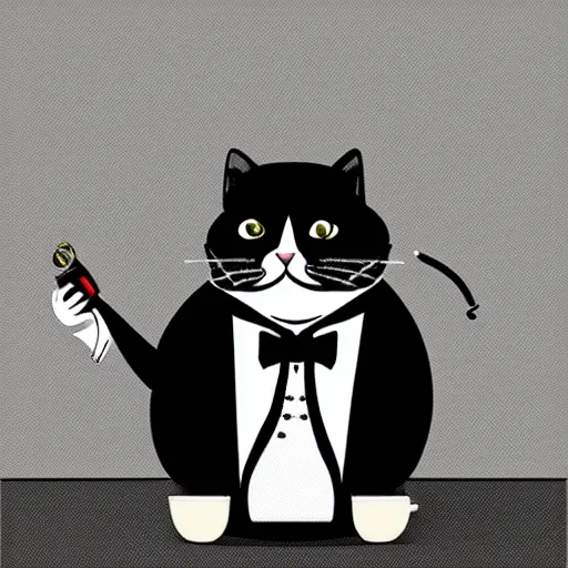 Prompt: a very fat and judgmental cat wearing a full tuxedo, smoking a pipe, sitting in a dimly lit parlor lounge, photograph