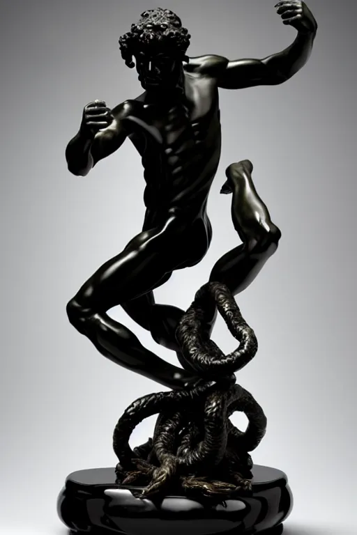 Image similar to intricate and detailed dancing Satyr statue made on polished obsidian by Antonio Corradini