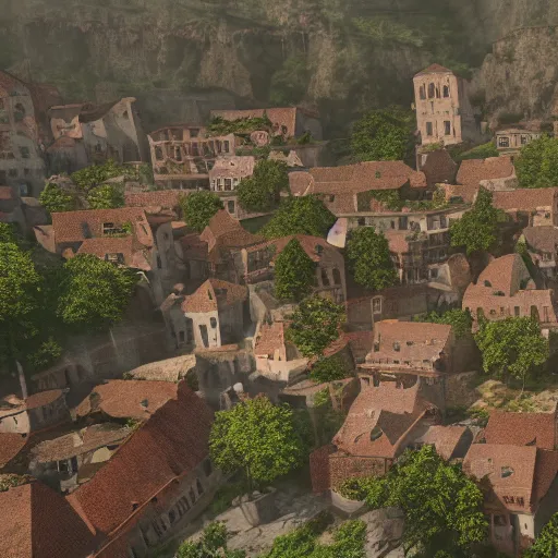 Prompt: the center of a poor medieval town under heavy rain at late dawn, in a valley, surrounded by mountains, highly detailed, octane render, hyper realistic, ultra detailed cinematic, 8 k, photorealistic, widescreen, hd, hyper realism
