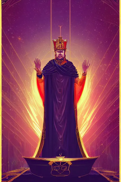 Image similar to the emperor tarot card, the crowned embodiment of male power holding the symbol of his power sits on a lavish throne ruling with wisdom and care, 8 k resolution digital painting, by alena aenami, by michael whelan, behance hd, trending on artstation deviantart