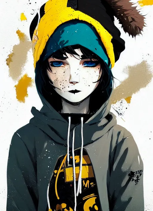 Image similar to highly detailed portrait of a sewerpunk student, blue eyes, hoody, beanie hat, white hair by atey ghailan, by greg rutkowski, by greg tocchini, by james gilleard, by joe fenton, by kaethe butcher, gradient yellow, black, brown and cyan color scheme, grunge aesthetic!!! ( ( graffiti tag wall background ) )