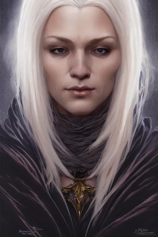 Image similar to portrait of an old blonde elven mage, dark, piercing eyes, gentle expression, elegant clothing, photorealistic, highly detailed, artstation, smooth, sharp focus, art by michael whelan, artgerm, greg rutkowski and alphonse mucha