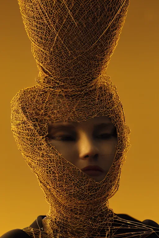 Image similar to wide angle portrait of a woman wearing a mask over her mouth made out of golden intricate wire, weaving the strings of the multiverse, dramatic, moody, backlight, photoreal, intricate complexity, manga styling, octane render