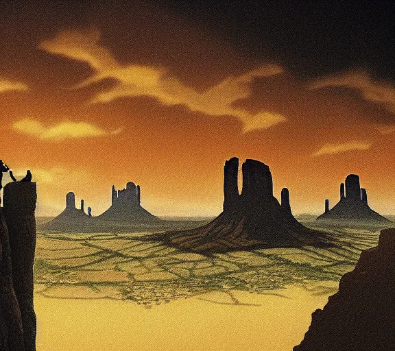 Prompt: realistic still from howl's moving castle ( 2 0 0 4 ) of a group of witches flying in the air in a flooded monument valley, hq depth of field.