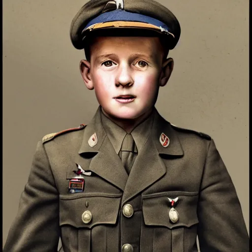 Prompt: the portrait of an US 10 years boy who fought ww2, British Pathe archive, time magazine, realistic, cinematic, 8k resolution