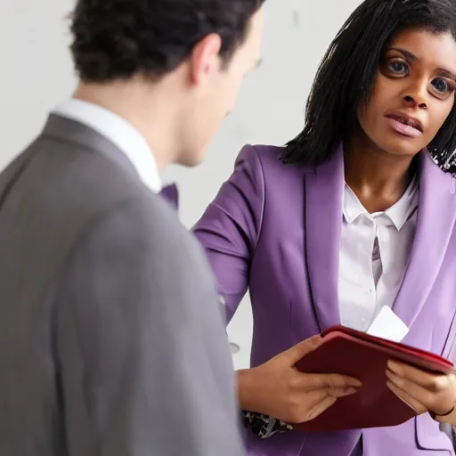 Image similar to woman in a purple suit scolding man holding clipboard, realistic, 4 k