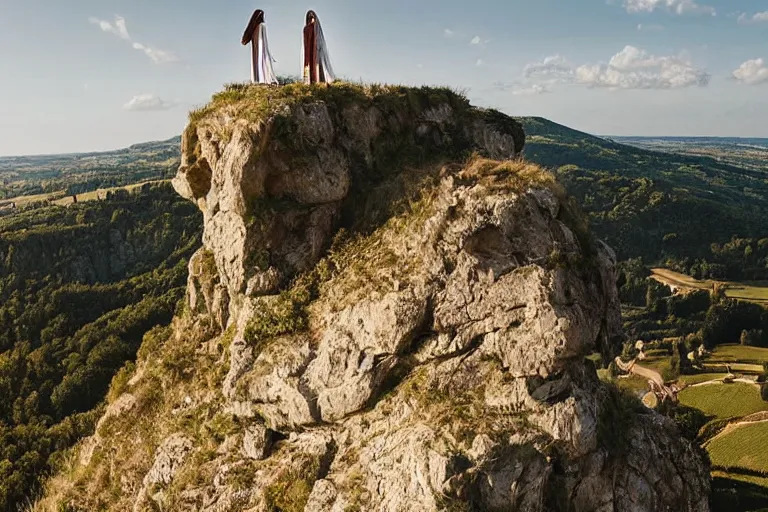 Image similar to a unique digital photo of a jesus and mary magdalene as man and wife standing on a cliff looking over a beautiful landscape in france, rennes - le - chateau, award winning photo, very detailed, very realistic cinematic