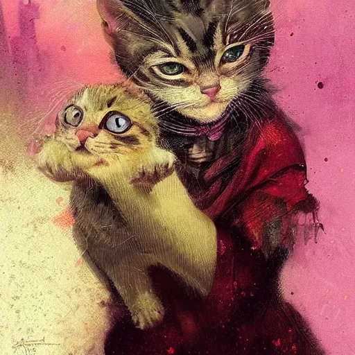 Image similar to Portrait of a kitten, fantasy, colorful, detailed, by Greg Rutkowski and Dave McKean, pink and gold color palette