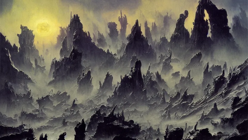 Image similar to surreal eerie alien planet empire by frank frazetta and bruce pennington, cinematic matte painting