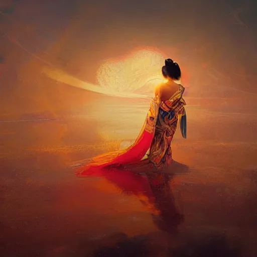 Prompt: semi semi realistic digital painting!! portrait of beautiful geisha flying over a lake filed with molten gold, volume lighting, concept art, by greg rutkowski, dramatic, xray melting colors!!