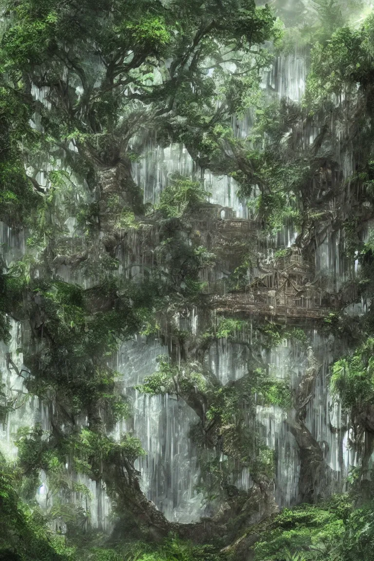 Prompt: a victorian mansion carved into a huge tree beside a waterfall in a dense jungle, concept art