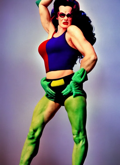 Image similar to a color photo portrait of she hulk wearing fashion clothing by richard avedon dramatic lighting, 7 5 mm lens, shapr focus.