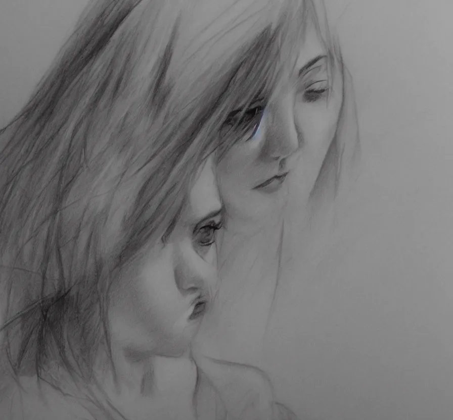 Prompt: alone woman + white hair + in nature + watching on sky + posing, photo, detail body,, pencil drawing, pencil, black, sketch, on paper, realistic, detailed, artstation