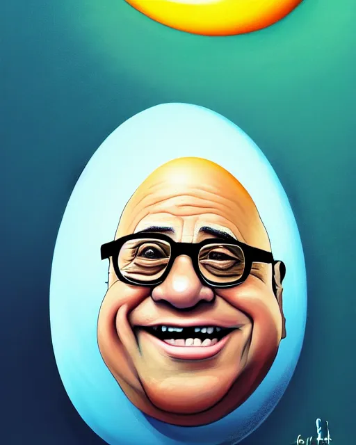 Image similar to painting portrait of danny devito as an egg, cartoon, warm lighting, danny devito has an egg body, movie poster, illustration by bartek fedyczak, erak note, tooth wu, neil richards, kan liu, siwoo kim, jisu choe, trending on art station