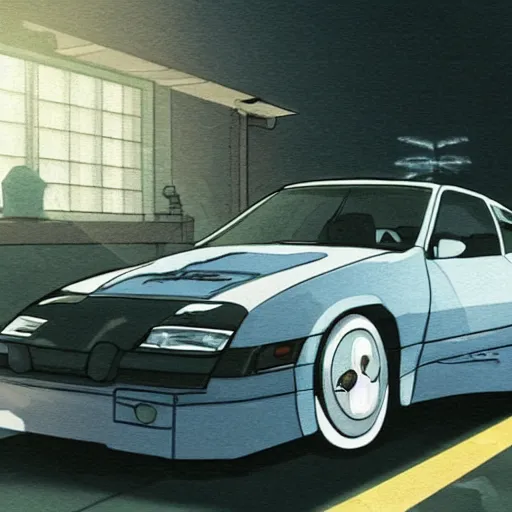 Image similar to pug dog driving a Nissan 300zx, Hayao Miyazaki, intricate detail, illustration, beautiful lighting,