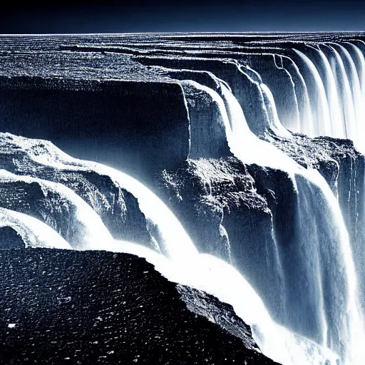 Image similar to the edge of the flat earth, national geographic photograph, water falling into nothing, mountains