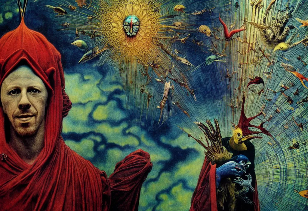 Prompt: realistic detailed portrait movie still of a birdman wearing dark robes, sci fi landscape background by denis villeneuve, amano, yves tanguy, alphonse mucha, max ernst, ernst haeckel, roger dean, masterpiece, rich moody colours, birds, snarling dog teeth