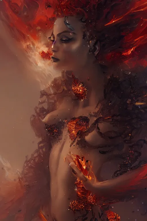 Image similar to torso closeup model wearing exploding fire crystal dress, sorcerer, diamonds, angel, fantasy, dramatic lighting, highly detailed, digital painting, holding electricity, magic the gathering, hyper detailed, 3 d render, hyper realistic detailed portrait, peter mohrbacher, wlop, ruan jia