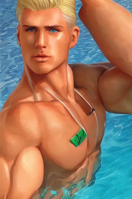 Image similar to a handsome man with blonde hair, ken doll, male android, muscular, wearing a cut-off white top and short light orange shorts, stands by a swimming pool, facing forward, in the style of artgerm and moebius and annie liebovitz, photorealistic, highly detailed, trending on artstation