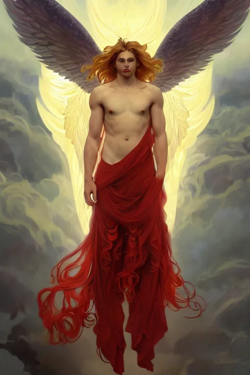 Prompt: symmetrical fullbody portrait of a beautiful young fit male angel with curly blond hairs, fulldressed in long fluent red clothes, majestic big demon wings, luminous fire halo, by greg rutkowski and alphonse mucha, gradient white to gold, in front of an hellish landscape background, highly detailed portrait, digital painting, artstation, concept art, smooth, sharp focus illustration