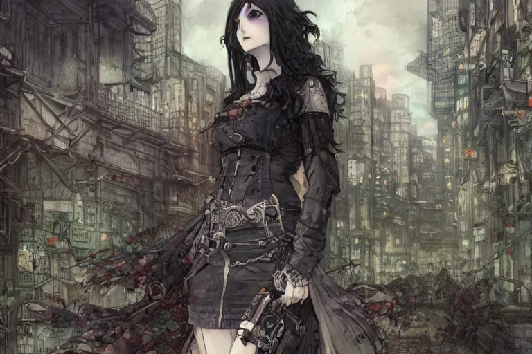 Image similar to goth woman in front of city, color page, tankoban, 4 k, tone mapping, akihiko yoshida, james jean andrei riabovitchev marc simonetti, yoshitaka amano, long hair, curly, h. hydrochaeri