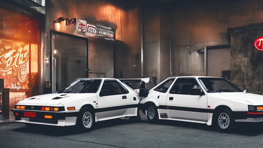 Prompt: a 1 9 8 3 toyota ae 8 6 with carbon hood and tofu shop side door banner, cinematic, nikon d 7 5 0, long exposure, white balance, 8 k, led, lumen global illumination, fog, ray tracing reflections, fxaa, rtx, post - production