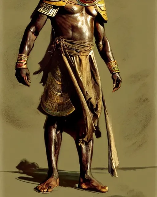 Image similar to concept art by anders zorn and craig mullins depicting djimon hounsou as a tall and very lean temple guard fully dressed in ancient egyptian heavy armor, flowing robes, harem pants, and leather strapped sandals