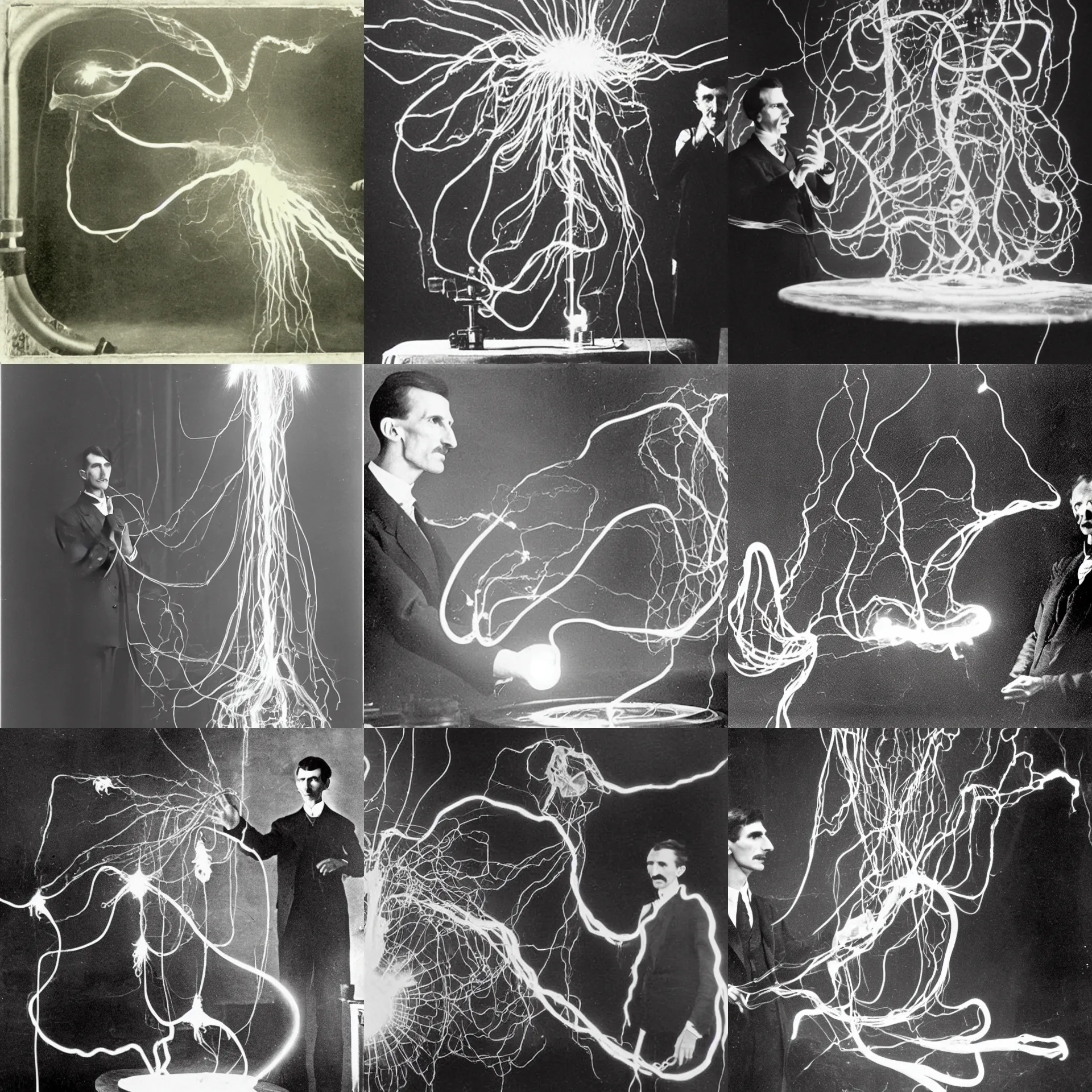 Prompt: a vintage photograph nikola tesla summoning an electric siphonophore ghost in his laboratory with a tesla coil