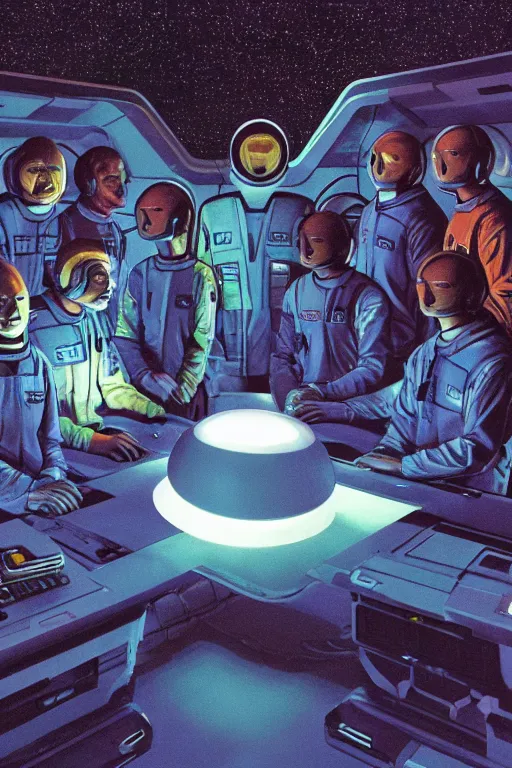 Image similar to an illustration of the crew of a spaceship are huddled over a glowing console, by barclay shaw