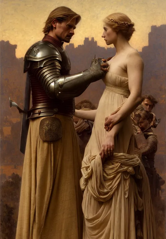 Image similar to attractive handsome fully clothed jaime lannister confesses his love for attractive fully armored brienne of tarth. centered composition. highly detailed painting by gaston bussiere and j. c. leyendecker and william adolphe bouguereau and fra angelico and octane render, musee d'orsay 8 k