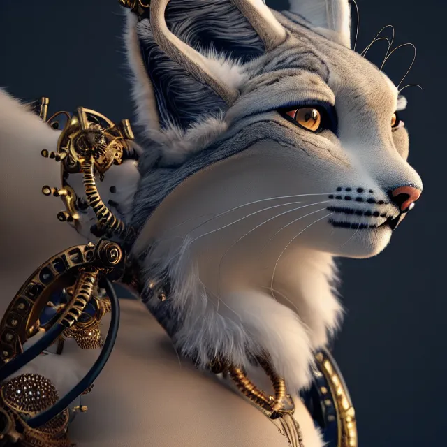 Prompt: the portrait of anthropomorphic lynx fursona wearing a steampunk dress as unimaginably beautiful, gorgeous, elegant, young lynx, an ultrafine hyperdetailed illustration by hioshiru, intricate linework, white fur, unreal engine 5 highly rendered, global illumination, radiant light, detailed and intricate environment