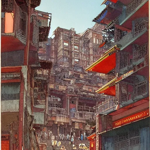 Image similar to Hopper and Moebius painting of Kowloon Walled City at dusk, looking down canyon-like alley with 5 floors of ramshackle apartments and business on all sides, to the bottom right some light is coming from a ground-floor cafe, where people are drinking tea and talking